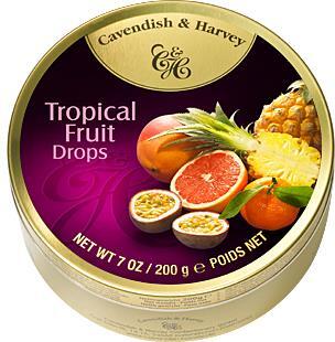 Cavendish Harvey Tropical fruit drops, de exotische mix van calamondin-sinaasappel, mango, grapefruit, passievrucht, en ananas.