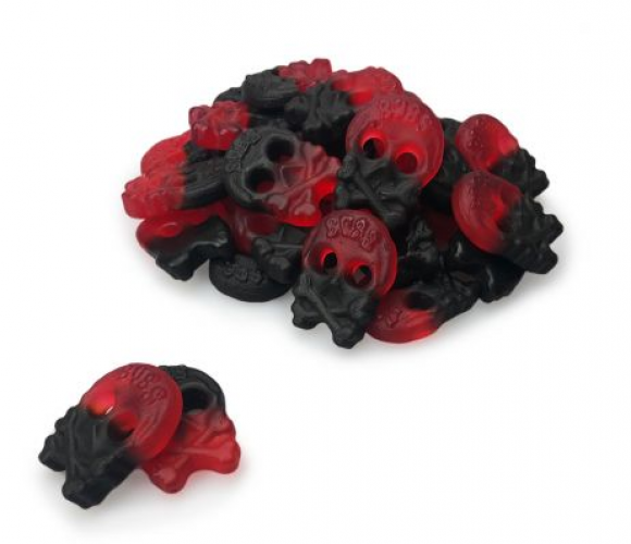Bubs Raspberry Licorice Mini Skulls zijn gevuld met zoete frambozen en zoute drop net als de originele Super Skull . De maat doet er niet toe, toch?