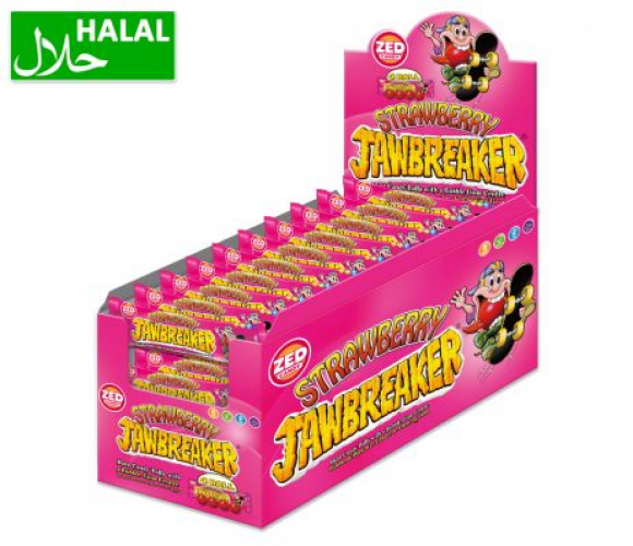 Zed Strawberry Jawbreaker - Een pakje van vier kleine harde snoepjes met aardbeiensmaak en een kauwgomcentrum.