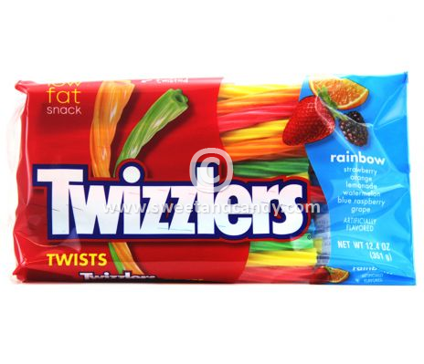 Twizzlers Rainbow Twists zijn gekleurde veterdrop in alle kleuren van de regenboog. De nieuwe fruitige smaken zijn aardbeien, sinaasappel, limonade, watermeloen, framboos en druif